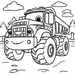 A black and white cartoon illustration of a heavy truck designed for children to color