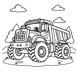 A black and white cartoon illustration of a heavy truck designed for children to color