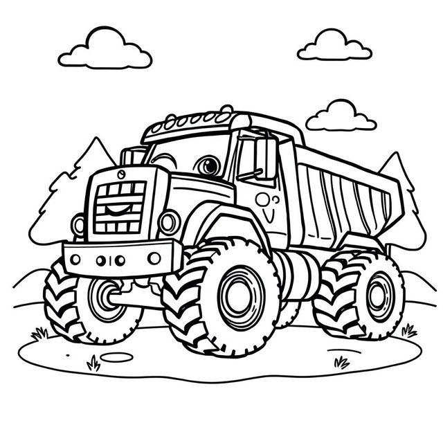 A black and white cartoon illustration of a heavy truck designed for children to color