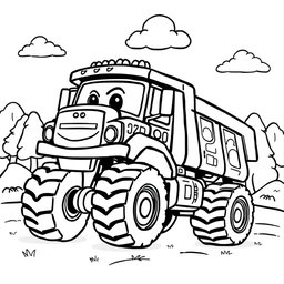A black and white cartoon illustration of a heavy truck designed for children to color