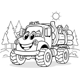 A black and white illustration of a cartoon logging truck, specifically designed for a children's coloring book