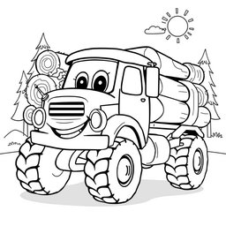 A black and white illustration of a cartoon logging truck, specifically designed for a children's coloring book