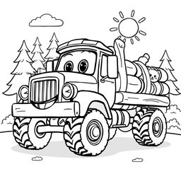 A black and white illustration of a cartoon logging truck, specifically designed for a children's coloring book