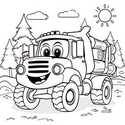 A black and white illustration of a cartoon logging truck, specifically designed for a children's coloring book