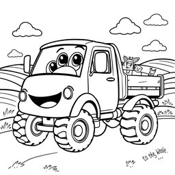 A black and white illustration of a cartoon dropside truck, designed specifically for a children's coloring book