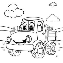 A black and white illustration of a cartoon dropside truck, designed specifically for a children's coloring book