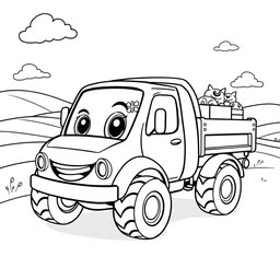 A black and white illustration of a cartoon dropside truck, designed specifically for a children's coloring book
