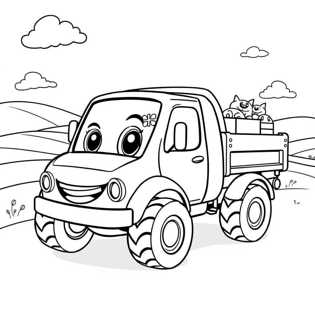 A black and white illustration of a cartoon dropside truck, designed specifically for a children's coloring book