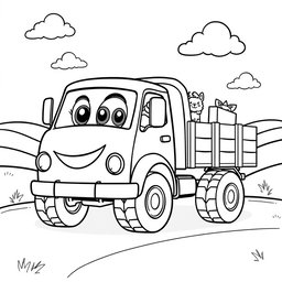 A black and white illustration of a cartoon dropside truck, designed specifically for a children's coloring book