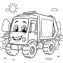 A black and white illustration of a cartoon refuse truck, designed specifically for a children's coloring book