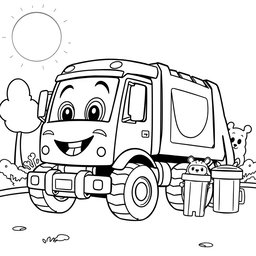 A black and white illustration of a cartoon refuse truck, designed specifically for a children's coloring book