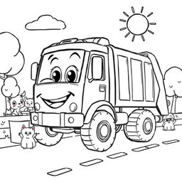 A black and white illustration of a cartoon refuse truck, designed specifically for a children's coloring book