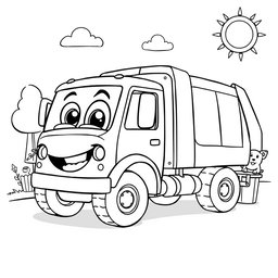 A black and white illustration of a cartoon refuse truck, designed specifically for a children's coloring book