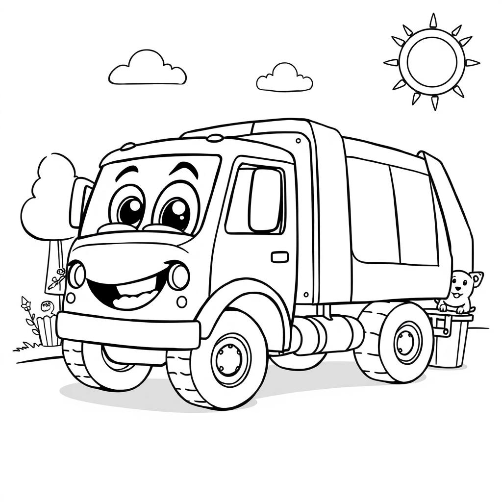 A black and white illustration of a cartoon refuse truck, designed specifically for a children's coloring book
