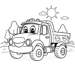A black and white illustration of a cartoon medium truck, designed especially for a children's coloring book