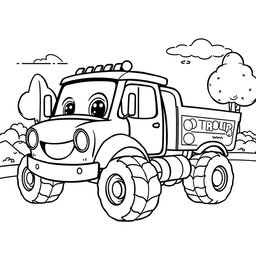 A black and white illustration of a cartoon medium truck, designed especially for a children's coloring book