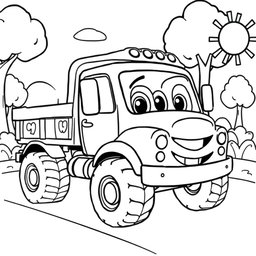 A black and white illustration of a cartoon medium truck, designed especially for a children's coloring book