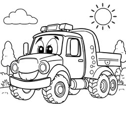 A black and white illustration of a cartoon medium truck, designed especially for a children's coloring book