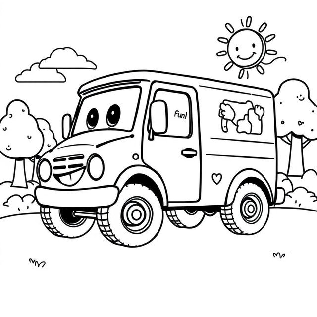 A black and white illustration of a cartoon panel truck, specially designed for a children's coloring book