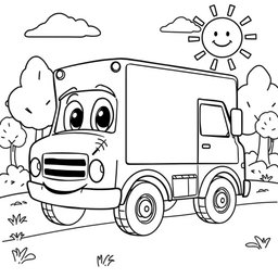 A black and white illustration of a cartoon panel truck, specially designed for a children's coloring book