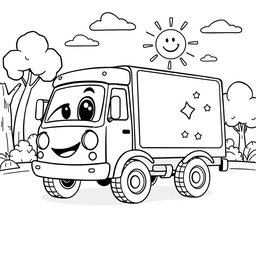 A black and white illustration of a cartoon panel truck, specially designed for a children's coloring book