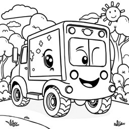 A black and white illustration of a cartoon panel truck, specially designed for a children's coloring book