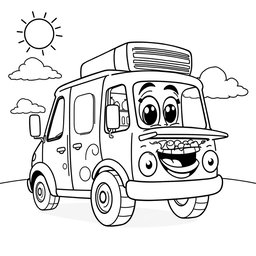 A black and white illustration of a cartoon refrigerator truck, specifically created for a children's coloring book