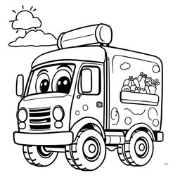 A black and white illustration of a cartoon refrigerator truck, specifically created for a children's coloring book