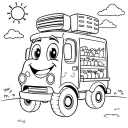 A black and white illustration of a cartoon refrigerator truck, specifically created for a children's coloring book