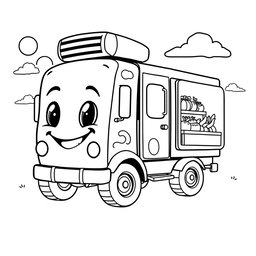 A black and white illustration of a cartoon refrigerator truck, specifically created for a children's coloring book