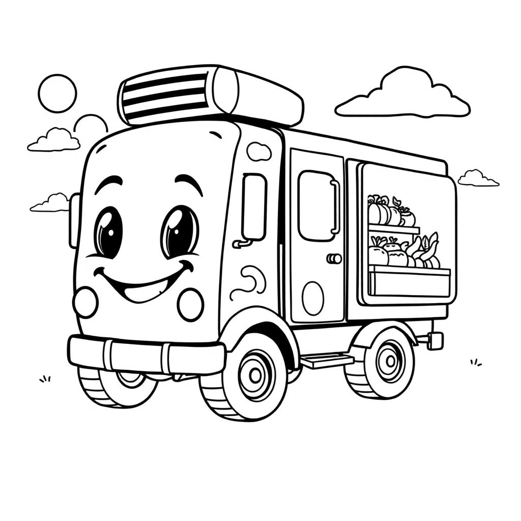 A black and white illustration of a cartoon refrigerator truck, specifically created for a children's coloring book