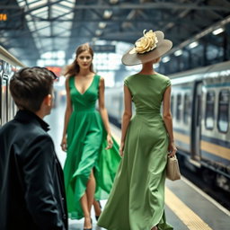 A train station scene featuring a beautiful young lady wearing a flowing green dress, gracefully walking towards the viewer