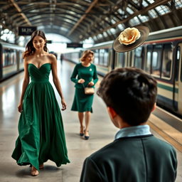 A train station scene featuring a beautiful young lady wearing a flowing green dress, gracefully walking towards the viewer
