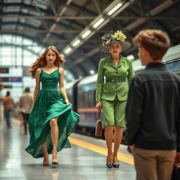 A lively train station scene featuring a beautiful young lady in a flowing green dress, confidently walking towards the viewer