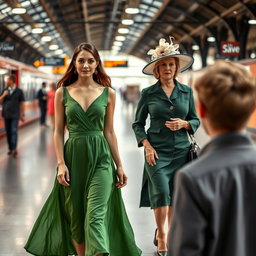 A lively train station scene featuring a beautiful young lady in a flowing green dress, confidently walking towards the viewer