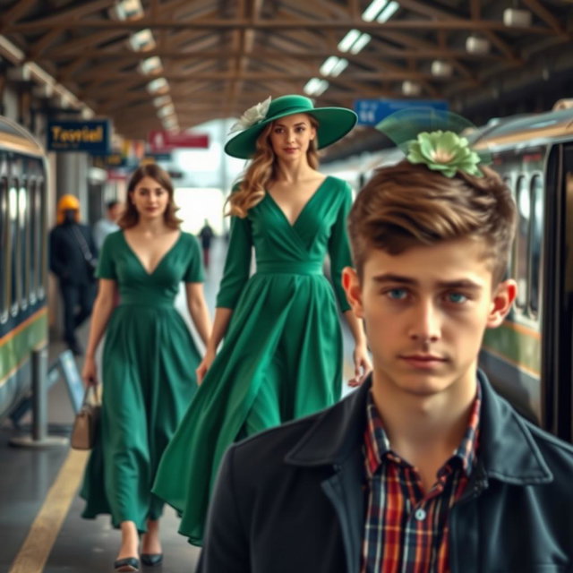 A lively train station scene featuring a beautiful young lady in a flowing green dress, confidently walking towards the viewer