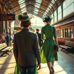 A vibrant train station scene featuring a beautiful young lady in a flowing green dress walking towards the viewer