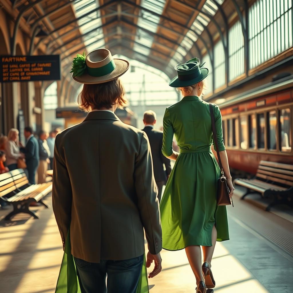 A vibrant train station scene featuring a beautiful young lady in a flowing green dress walking towards the viewer