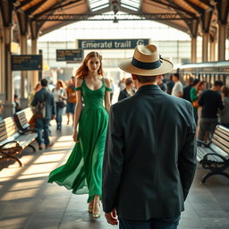 A vibrant train station scene featuring a beautiful young lady in a flowing green dress walking towards the viewer