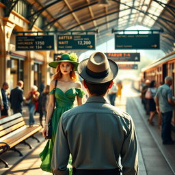 A vibrant train station scene featuring a beautiful young lady in a flowing green dress walking towards the viewer