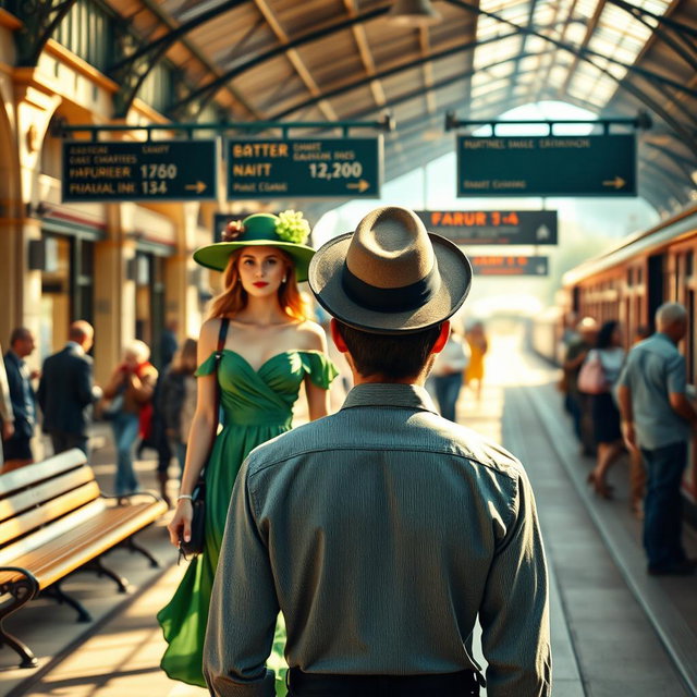 A vibrant train station scene featuring a beautiful young lady in a flowing green dress walking towards the viewer