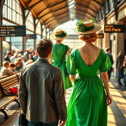 A vibrant train station scene featuring a beautiful young lady in a flowing green dress walking towards the viewer