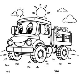 A black and white illustration of a cartoon livestock truck, specifically created for a children's coloring book