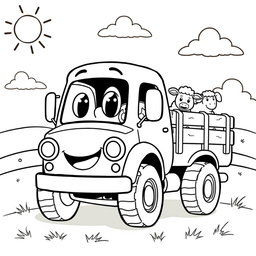 A black and white illustration of a cartoon livestock truck, specifically created for a children's coloring book