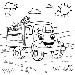 A black and white illustration of a cartoon livestock truck, specifically created for a children's coloring book