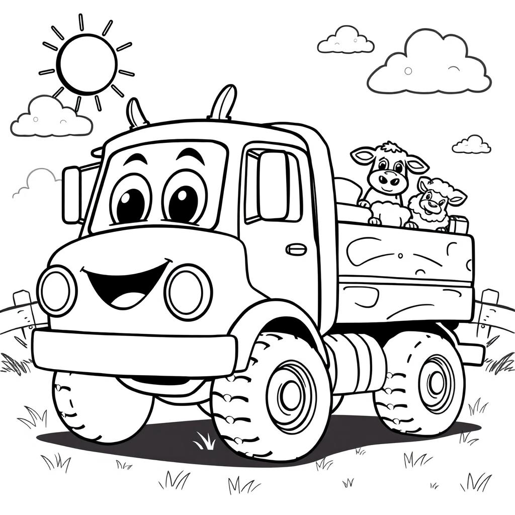 A black and white illustration of a cartoon livestock truck, specifically created for a children's coloring book