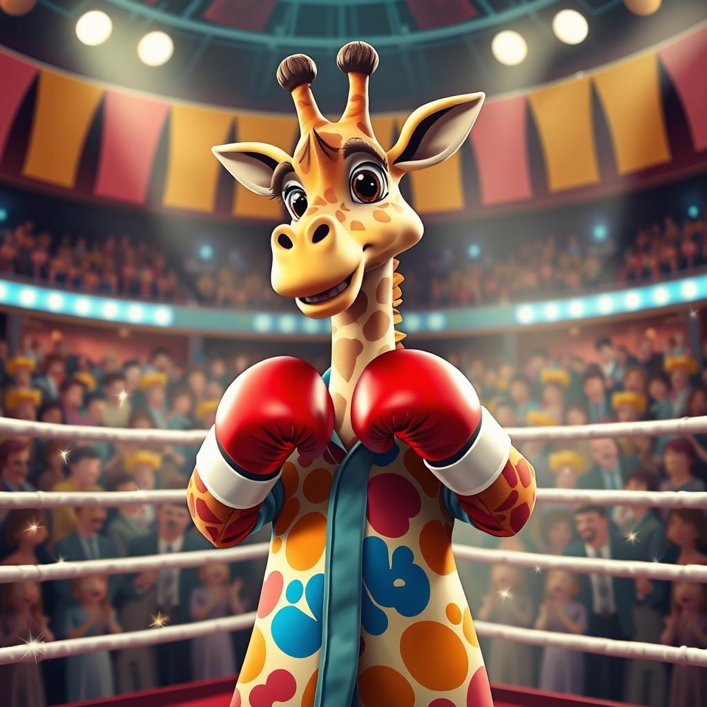 A whimsical scene featuring a giraffe dressed as a boxer, wearing bright red boxing gloves and a colorful boxing robe