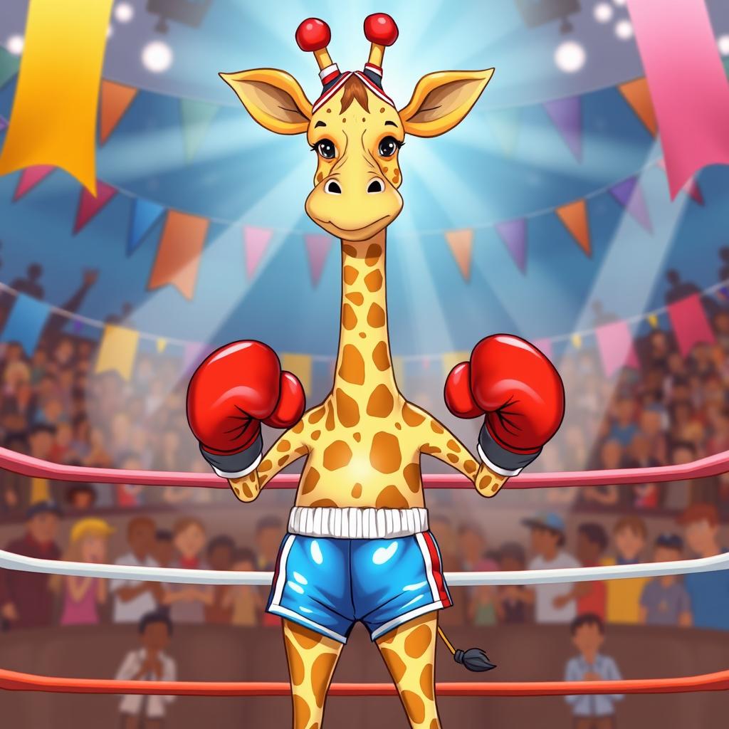 A whimsical and colorful illustration of a giraffe dressed as a boxer