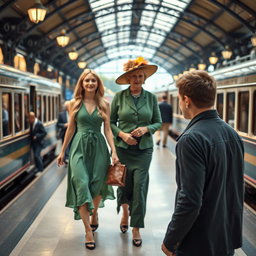 A vibrant train station scene featuring a beautiful young lady with long blonde hair, elegantly walking in a flowy green dress