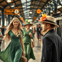 A vibrant train station scene featuring a beautiful young lady with long blonde hair, elegantly walking in a flowy green dress